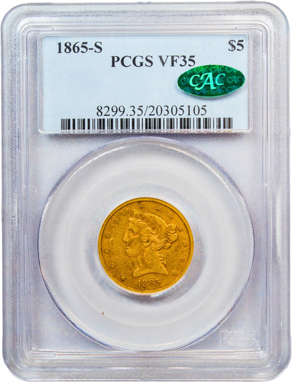 1865-S $5 VF35 PCGS CAC HOLDER WITH GREEN CAC STICKER