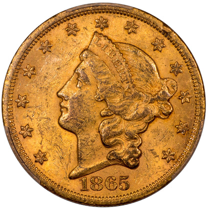 1865 $20 LIBERTY HEAD DOUBLE EAGLE AU58 PCGS CAC
