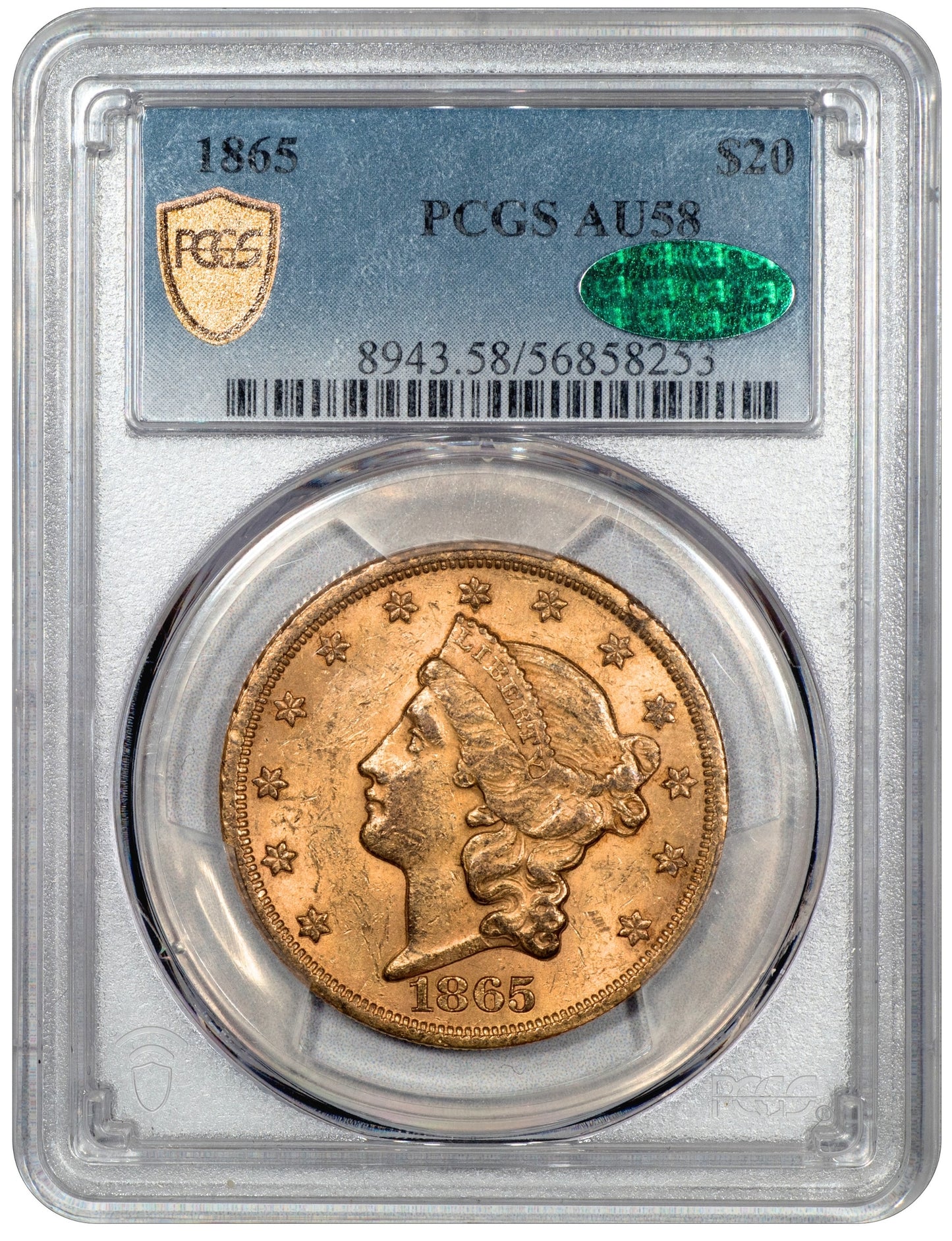 1865 $20 LIBERTY HEAD DOUBLE EAGLE AU58 PCGS CAC HOLDER WITH GREEN CAC STICKER