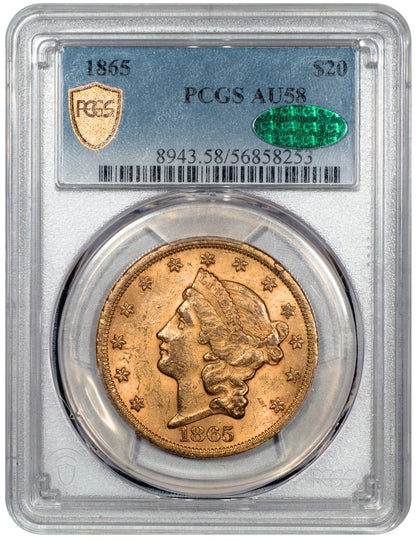 1865 $20 LIBERTY HEAD DOUBLE EAGLE AU58 PCGS CAC HOLDER WITH GREEN CAC STICKER