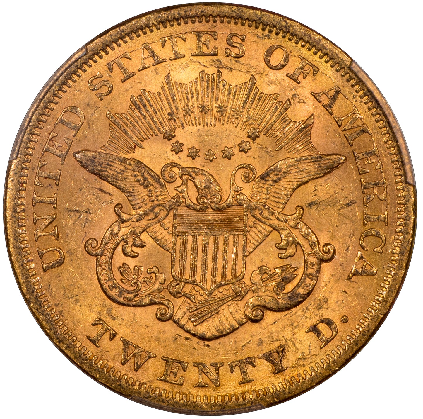 1865 $20 LIBERTY HEAD DOUBLE EAGLE AU58 PCGS CAC