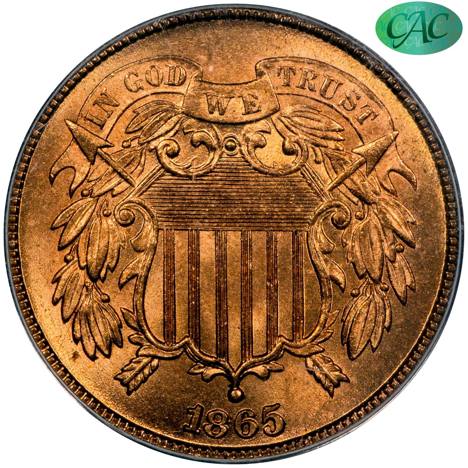 1865 Shield Two Cents 2C PLAIN 5 MS66 RD PCGS CAC