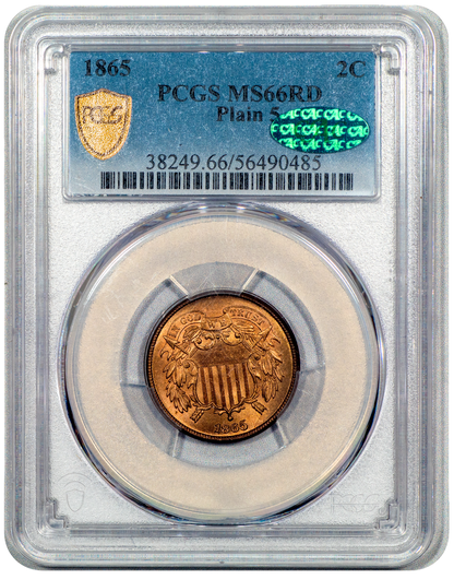 1865 Shield Two Cents 2C PLAIN 5 MS66 RD PCGS CAC Holder With Green CAC Sticker