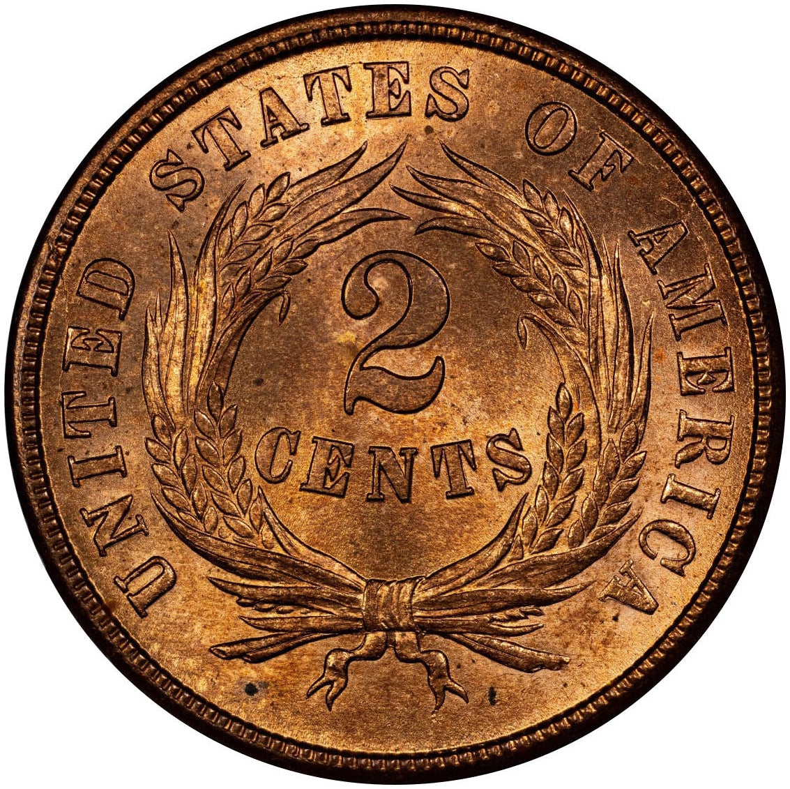 1865 Shield Two Cents 2C PLAIN 5 MS66 RD PCGS CAC Reverse