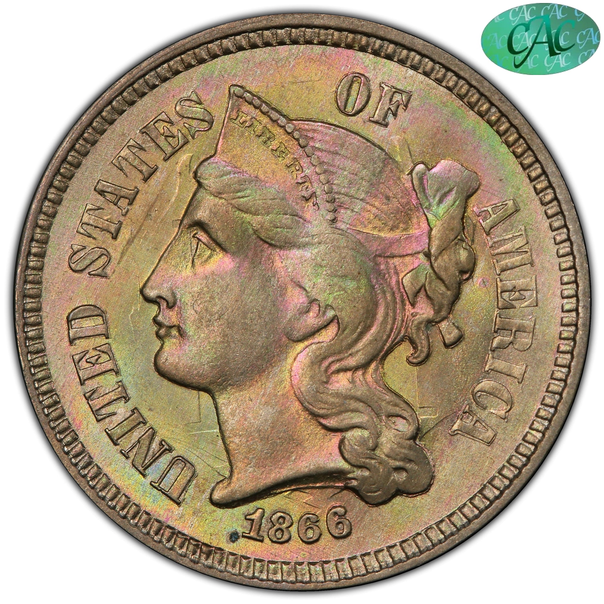 1866 3Cn Ms63 Pcgs Cac