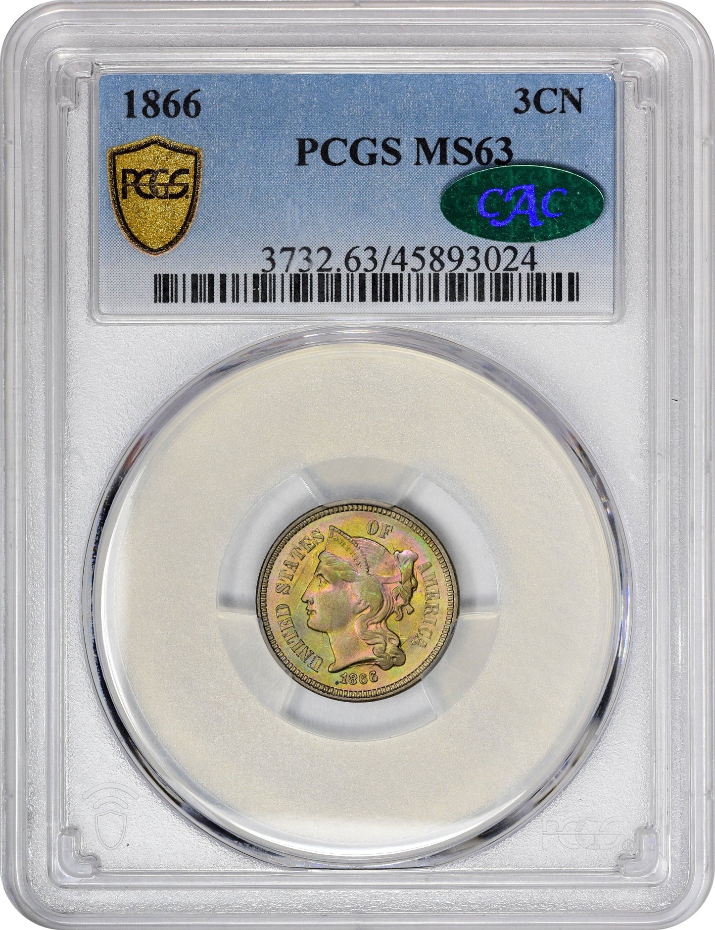 1866 3Cn Ms63 Pcgs Cac