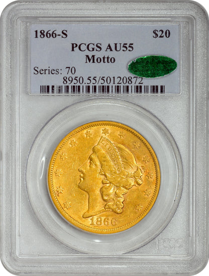 1866-S $20 MOTTO AU55 PCGS CAC