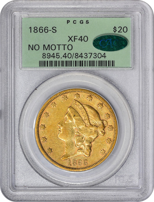 1866-S $20 Liberty Head Double Eagle gold coin in an old green PCGS holder with a grade of XF40. The coin displays original surfaces with a rich golden yellow hue and hints of rose-gold and peach undertones.
