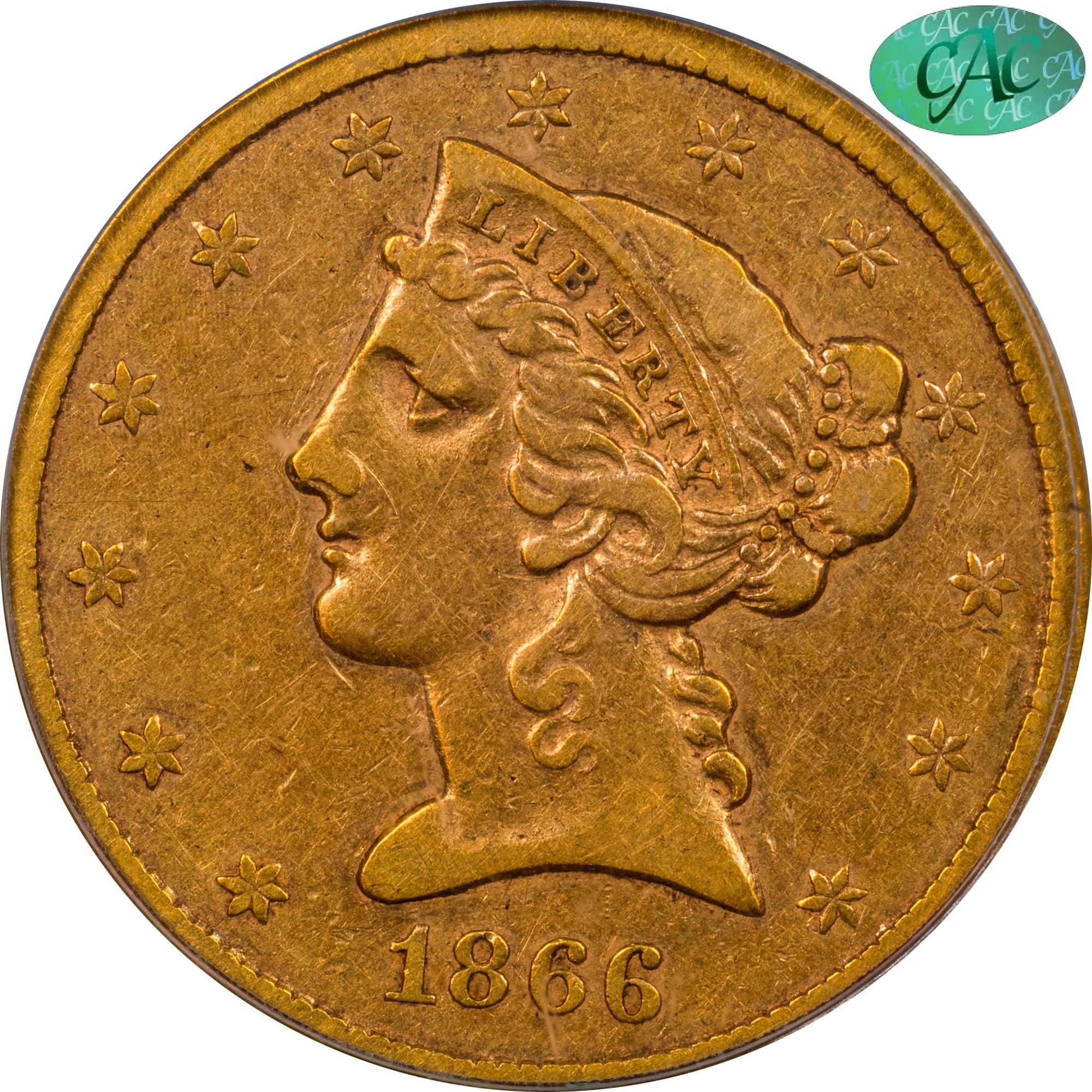 1866-S $5 NO MOTTO VF30 PCGS CAC