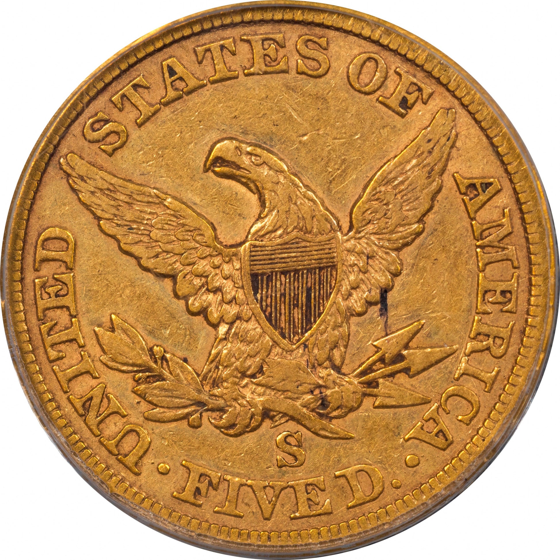 1866-S $5 NO MOTTO VF30 PCGS CAC $5