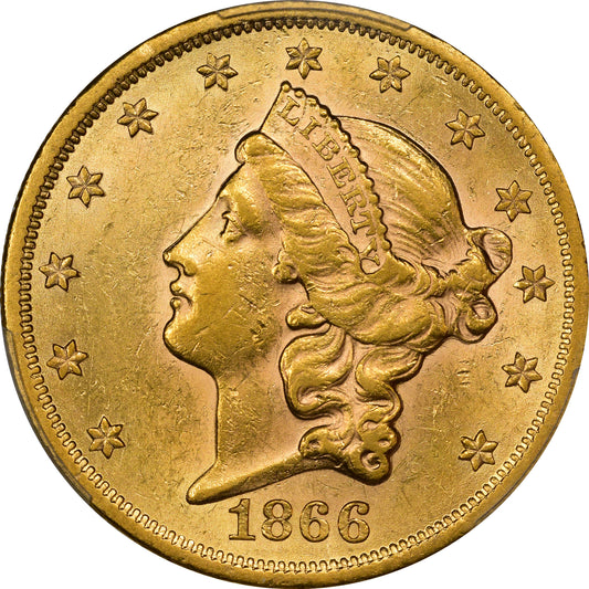 1866 $20 MOTTO AU55 PCGS