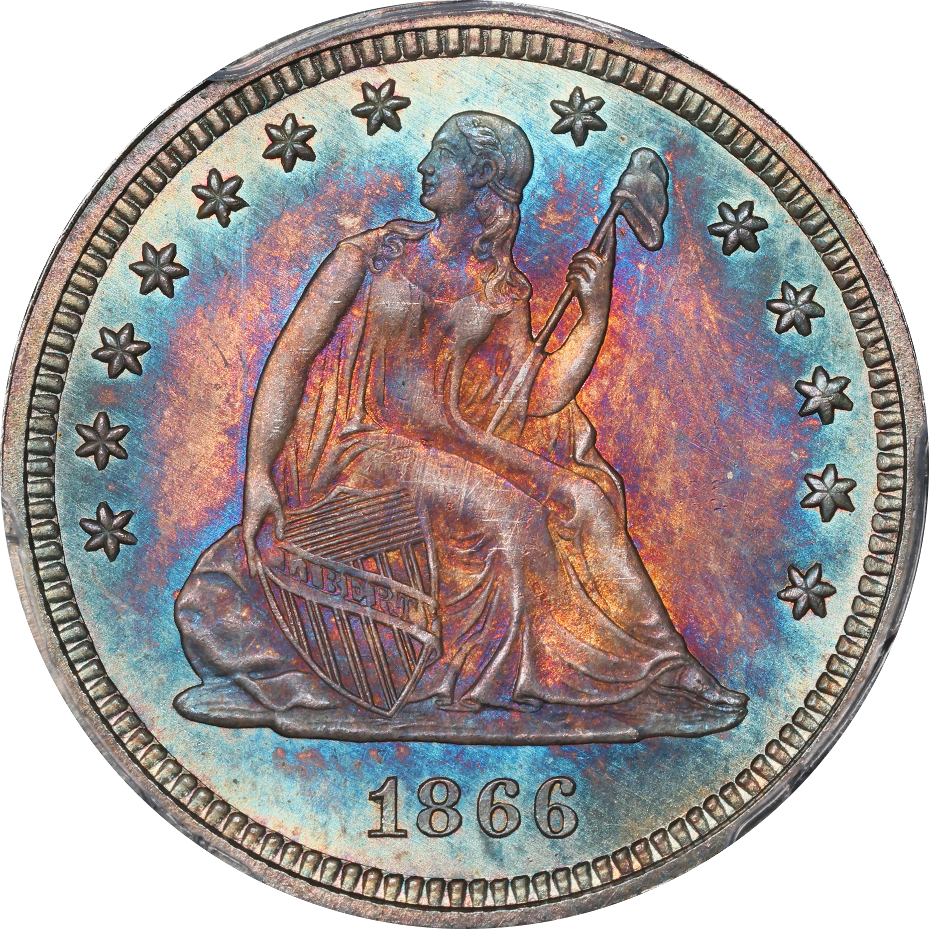 1866 25C MOTTO MS63 PCGS CAC