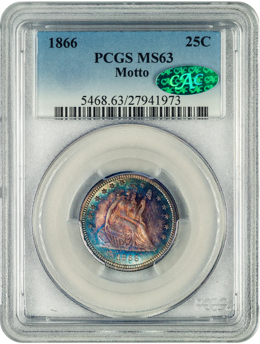 1866 25C MOTTO MS63 PCGS CAC HOLDER WITH GREEN CAC STICKER
