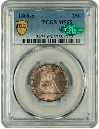 1868-S 25C MS65 PCGS CAC HOLDER WITH GREEN CAC STICKER
