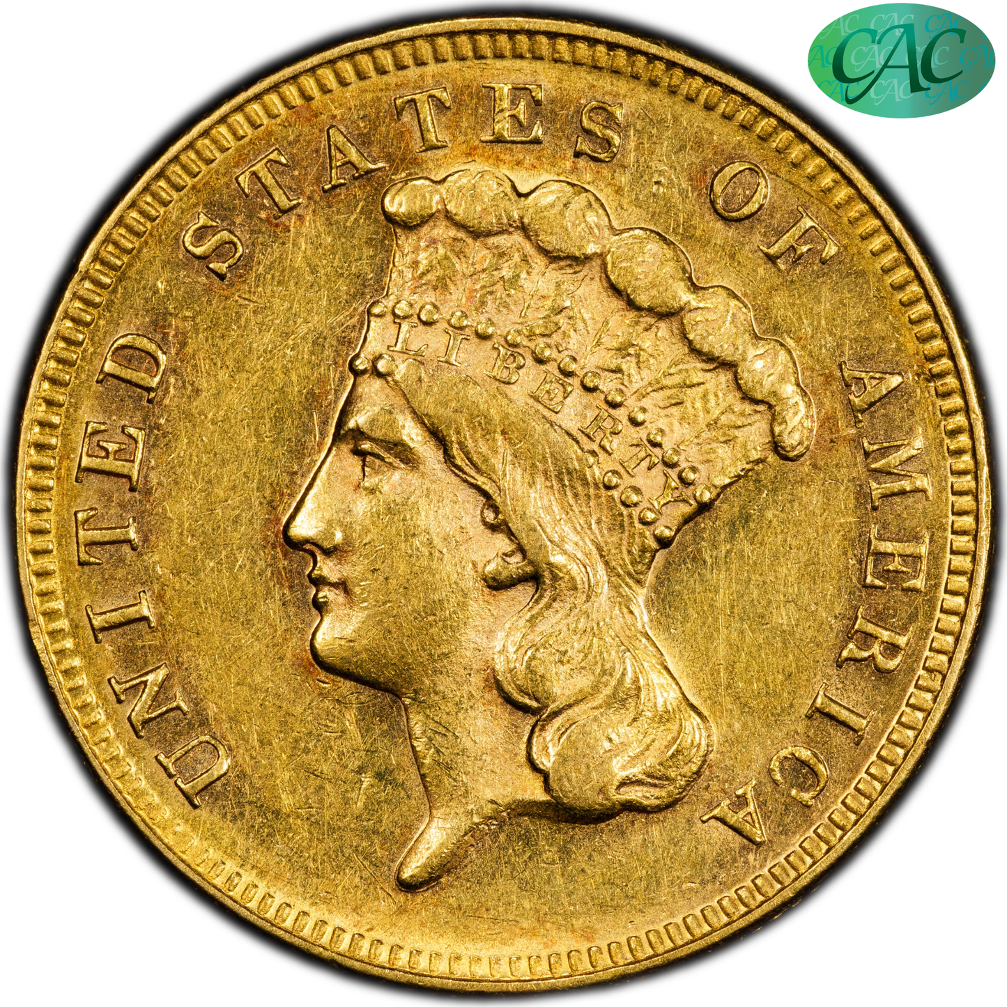 1868 Indian Princess $3 AU58 PCGS CAC