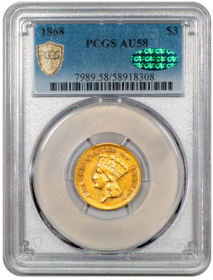 1868 Indian Princess $3 AU58 PCGS CAC Holder With Green CAC Sticker