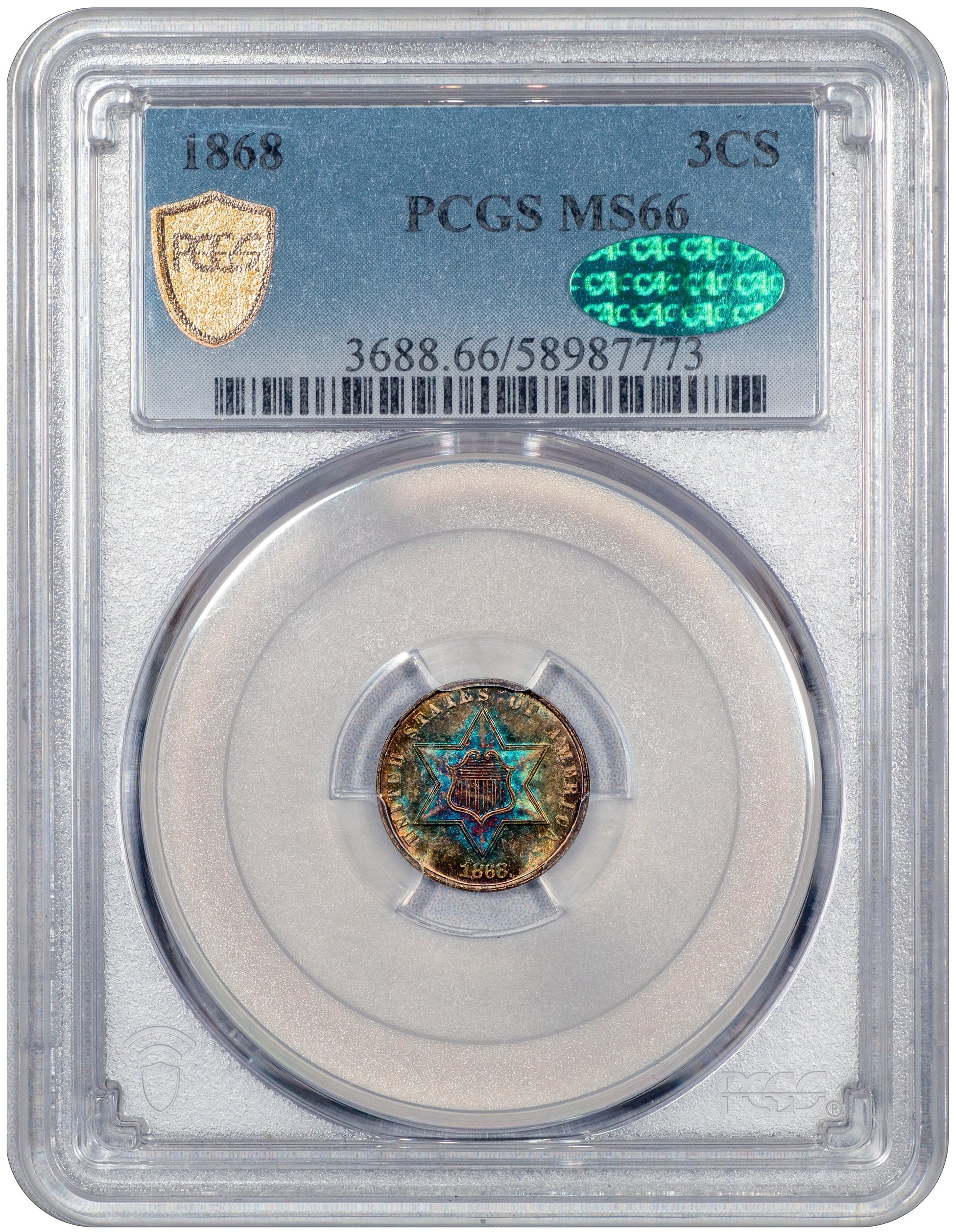 1868 Star Three Cent Silver 3CS MS66 PCGS CAC Holder With Green CAC Sticker