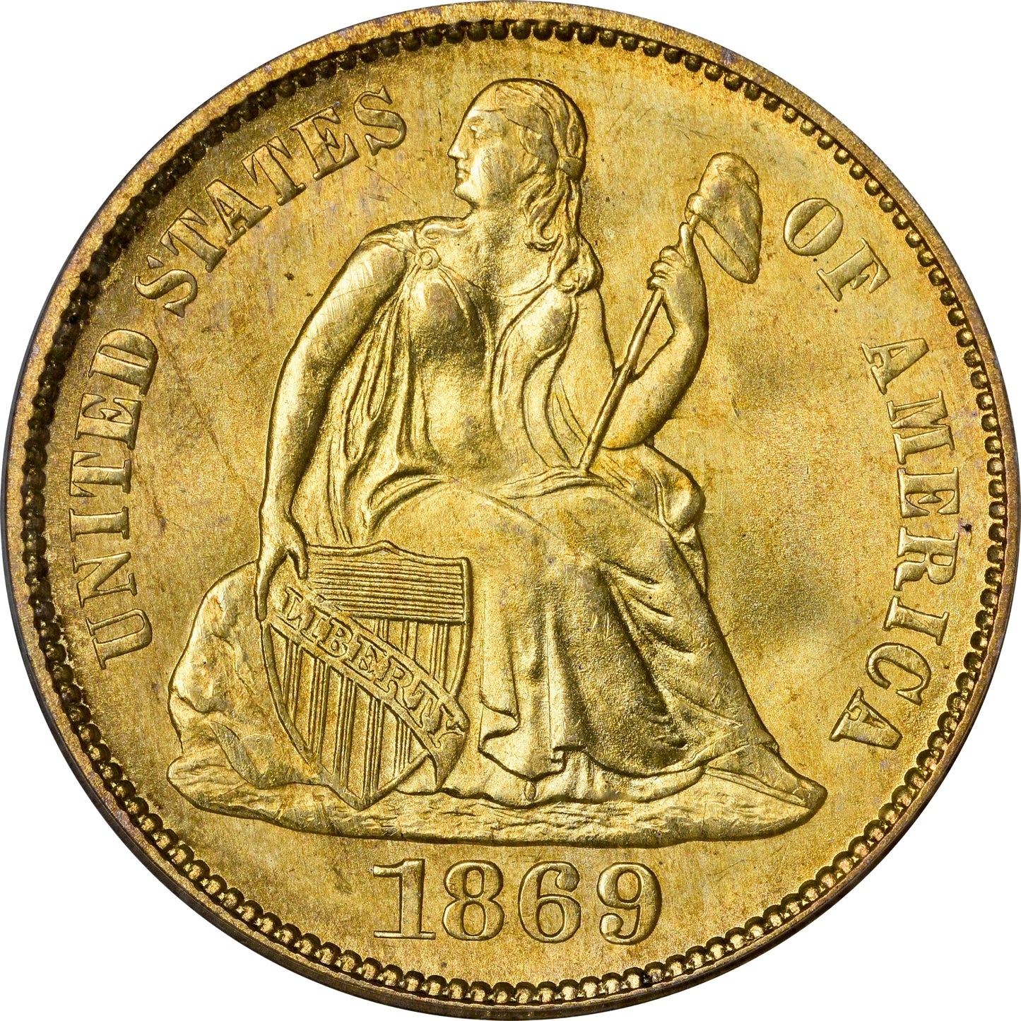 1869-S 10C MS67 OGH PCGS CAC EX ELIASBERG/CLAPP