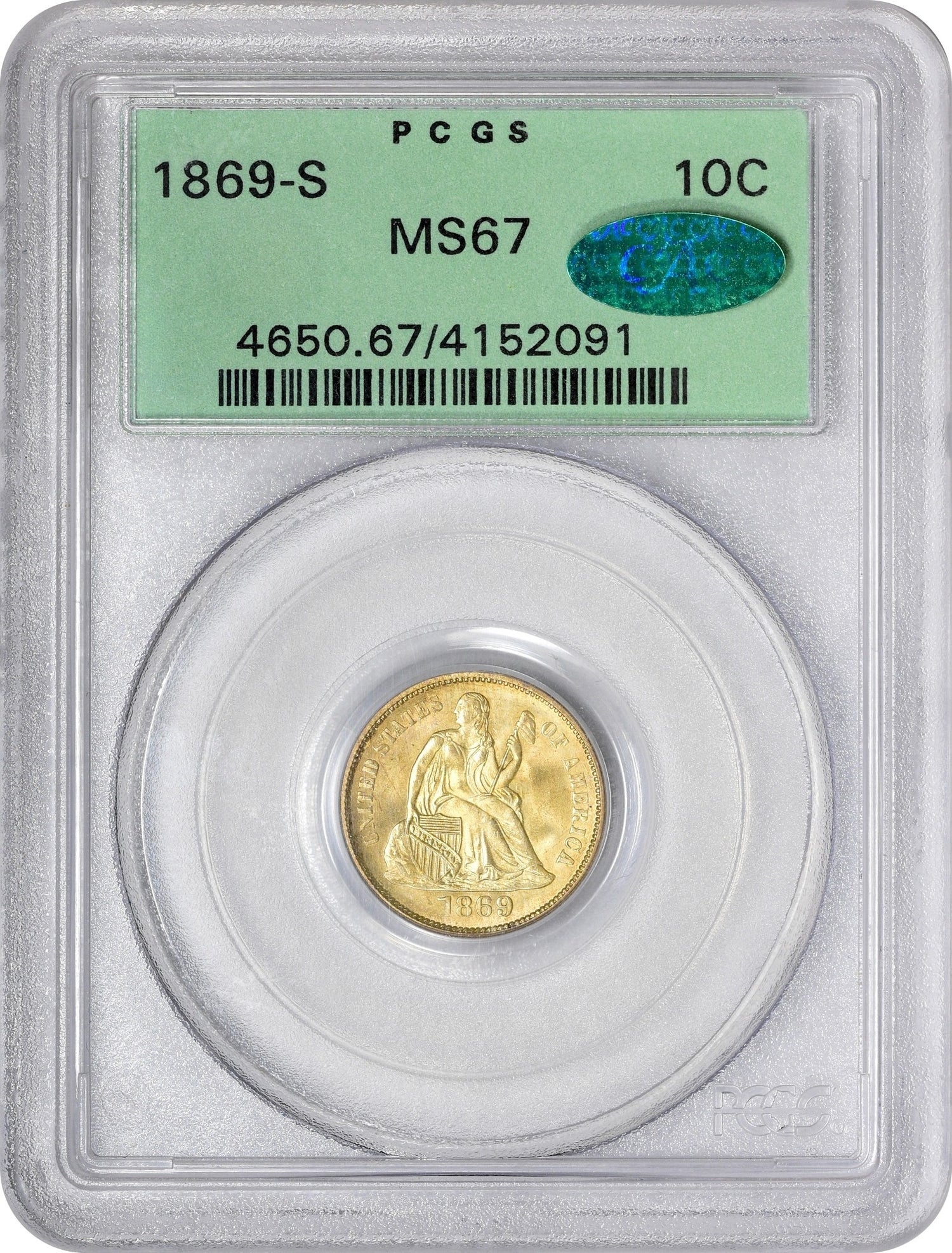 1869-S 10C MS67 OGH PCGS CAC EX ELIASBERG/CLAPP HOLDER WITH GREEN CAC STICKER