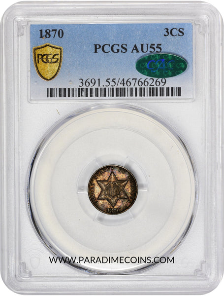 1870 3CS AU55 PCGS CAC - Paradime Coins | PCGS NGC CACG CAC Rare US Numismatic Coins For Sale