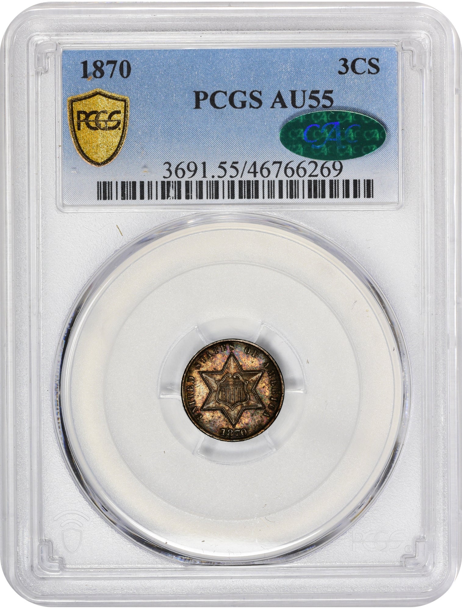 1870 3CS AU55 PCGS CAC - Paradime Coins | PCGS NGC CACG CAC Rare US Numismatic Coins For Sale