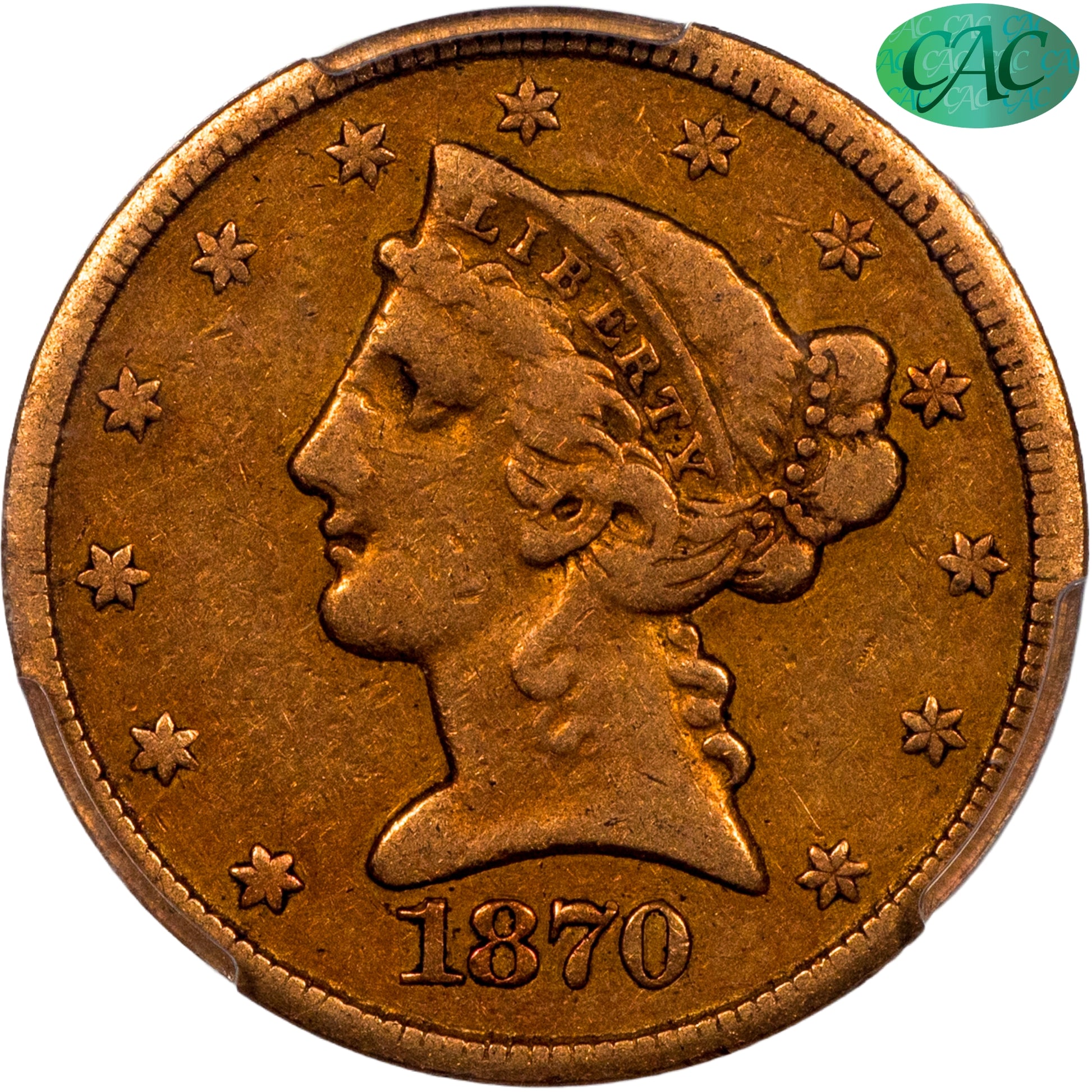 1870-CC $5 CARSON CITY LIBERTY HEAD HALF EAGLE VF30 PCGS CAC