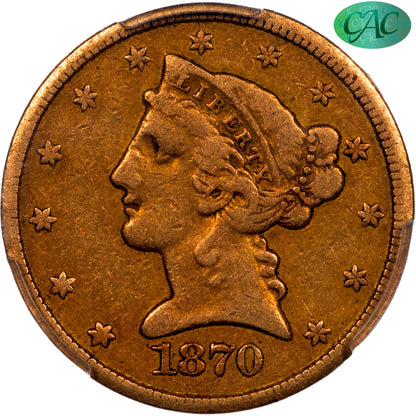 1870-CC $5 CARSON CITY LIBERTY HEAD HALF EAGLE VF30 PCGS CAC