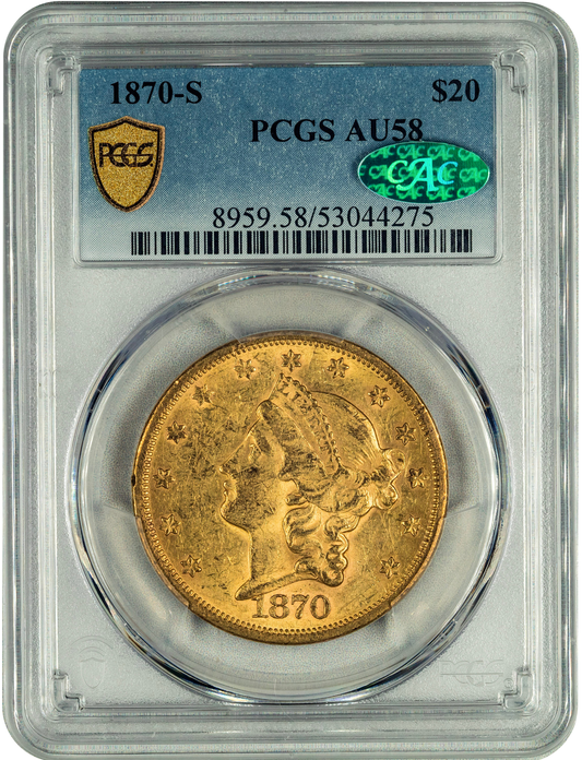 1870-S $20 AU58 PCGS CAC HOLDER WITH GREEN CAC STICKER
