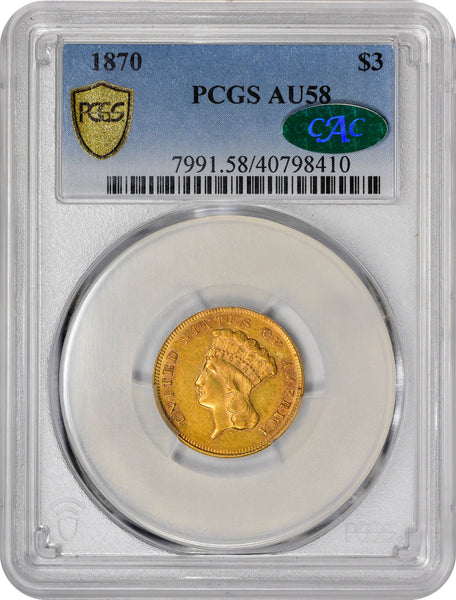 1870 $3 AU58 PCGS CAC