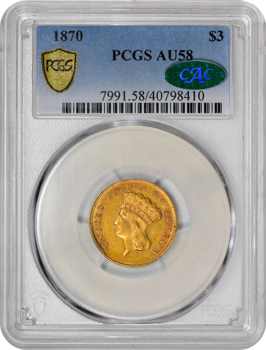 1870 Indian Princess Three Dollars $3 AU58 PCGS CAC HOLDER WITH CAC STICKER
