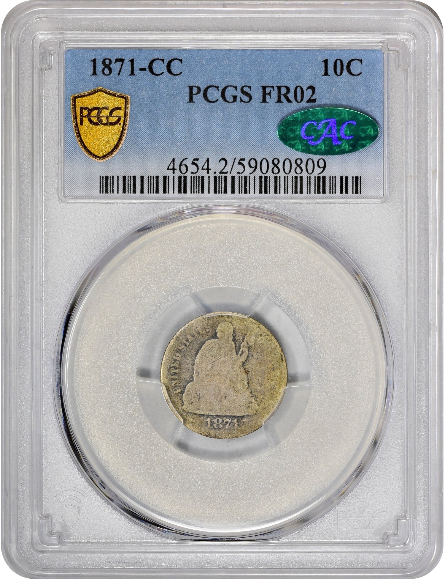 1871-CC 10C FR02 PCGS CAC