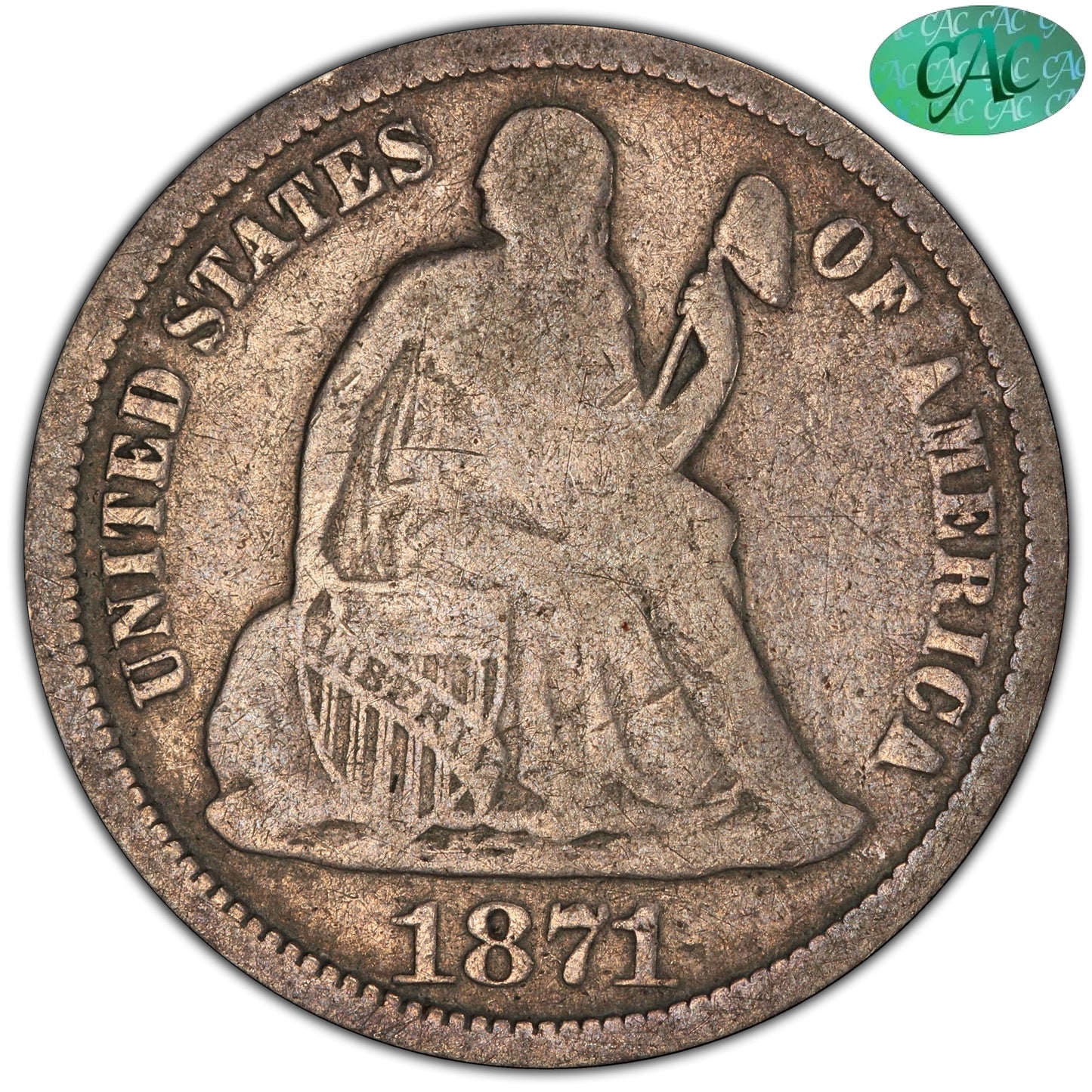1871-CC 10C VG08 PCGS CAC 10C