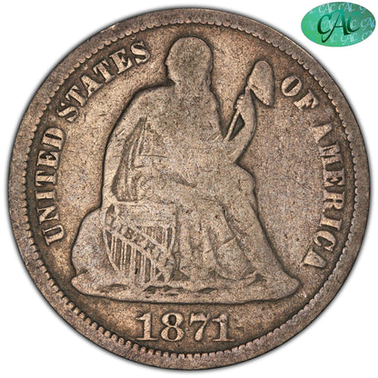 1871-CC 10C VG08 PCGS CAC 10C