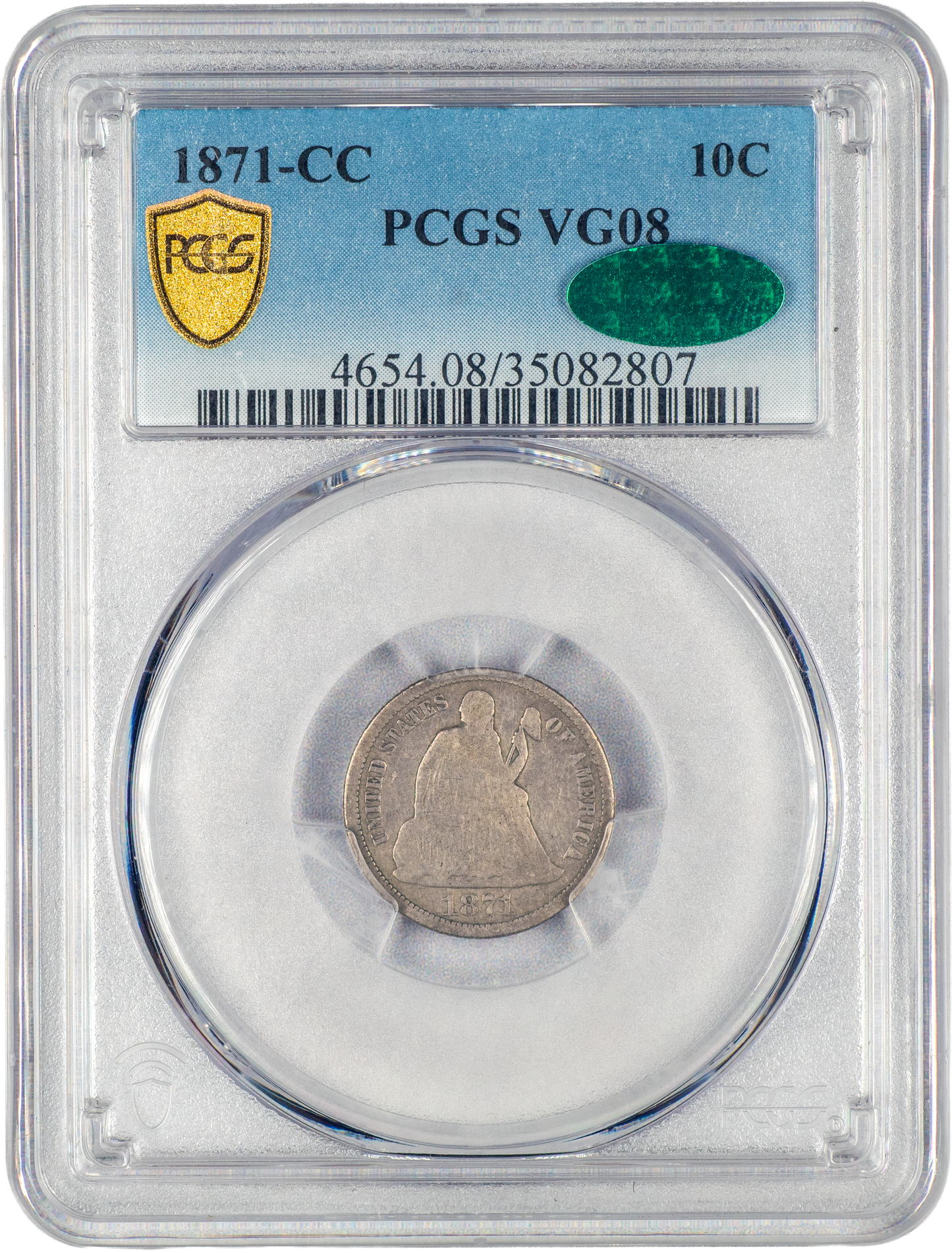 1871-CC 10C VG08 PCGS CAC HOLDER WITH GREEN CAC STICKER