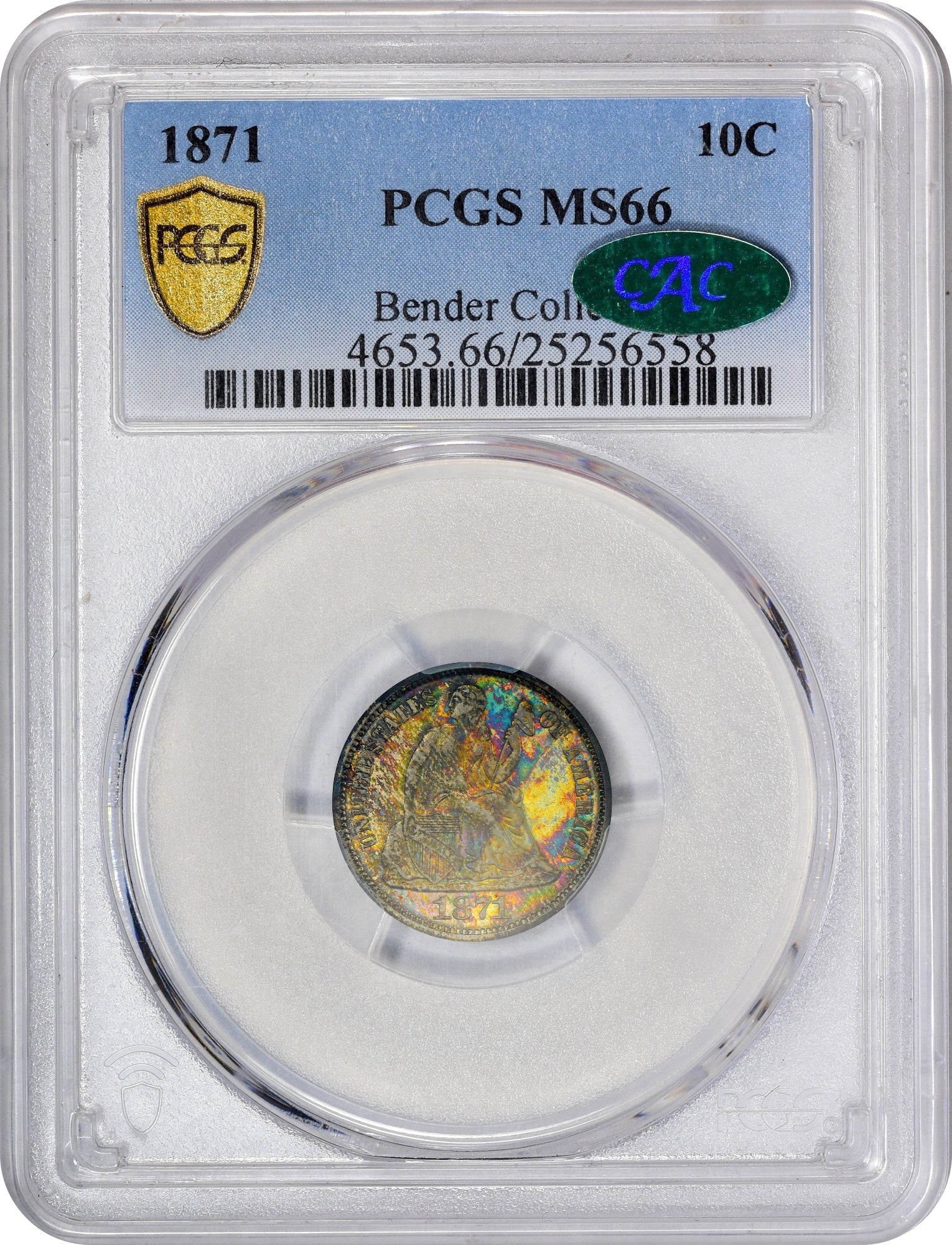 1871 10C MS66 PCGS CAC EX BENDER COLLECTION HOLDER WITH GREEN CAC STICKER
