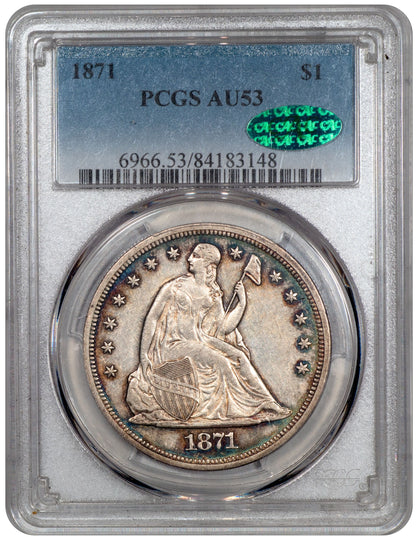 1871 $1 LIBERTY SEATED DOLLAR AU53 PCGS CAC HOLDER WITH GREEN CAC STICKER