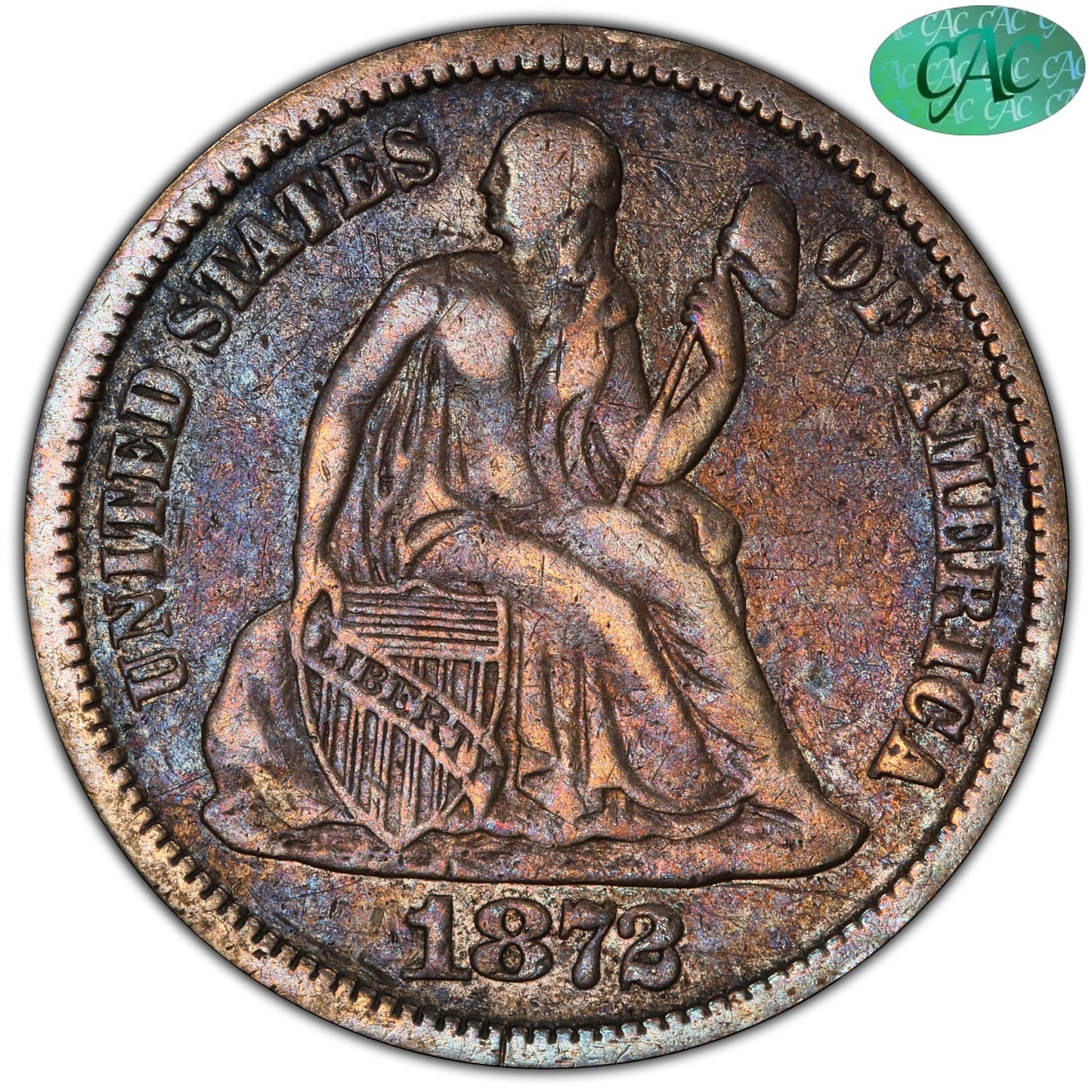 1872-CC 10C VF25 PCGS CAC 10C