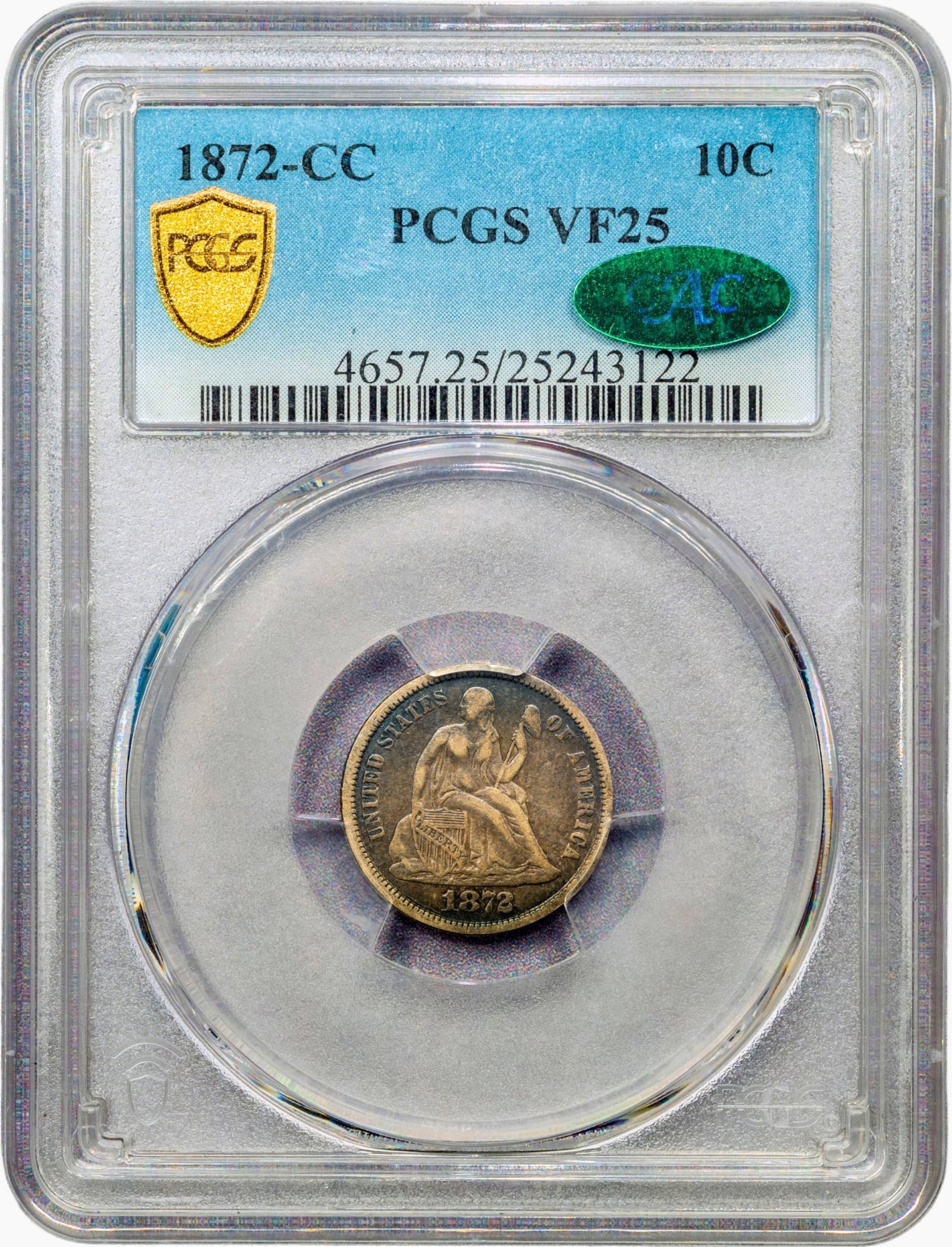 1872-CC 10C VF25 PCGS CAC HOLDER WITH CAC GREEN STICKER