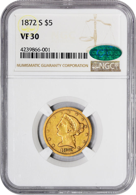 1872-S $5 VF30 NGC CAC HOLDER