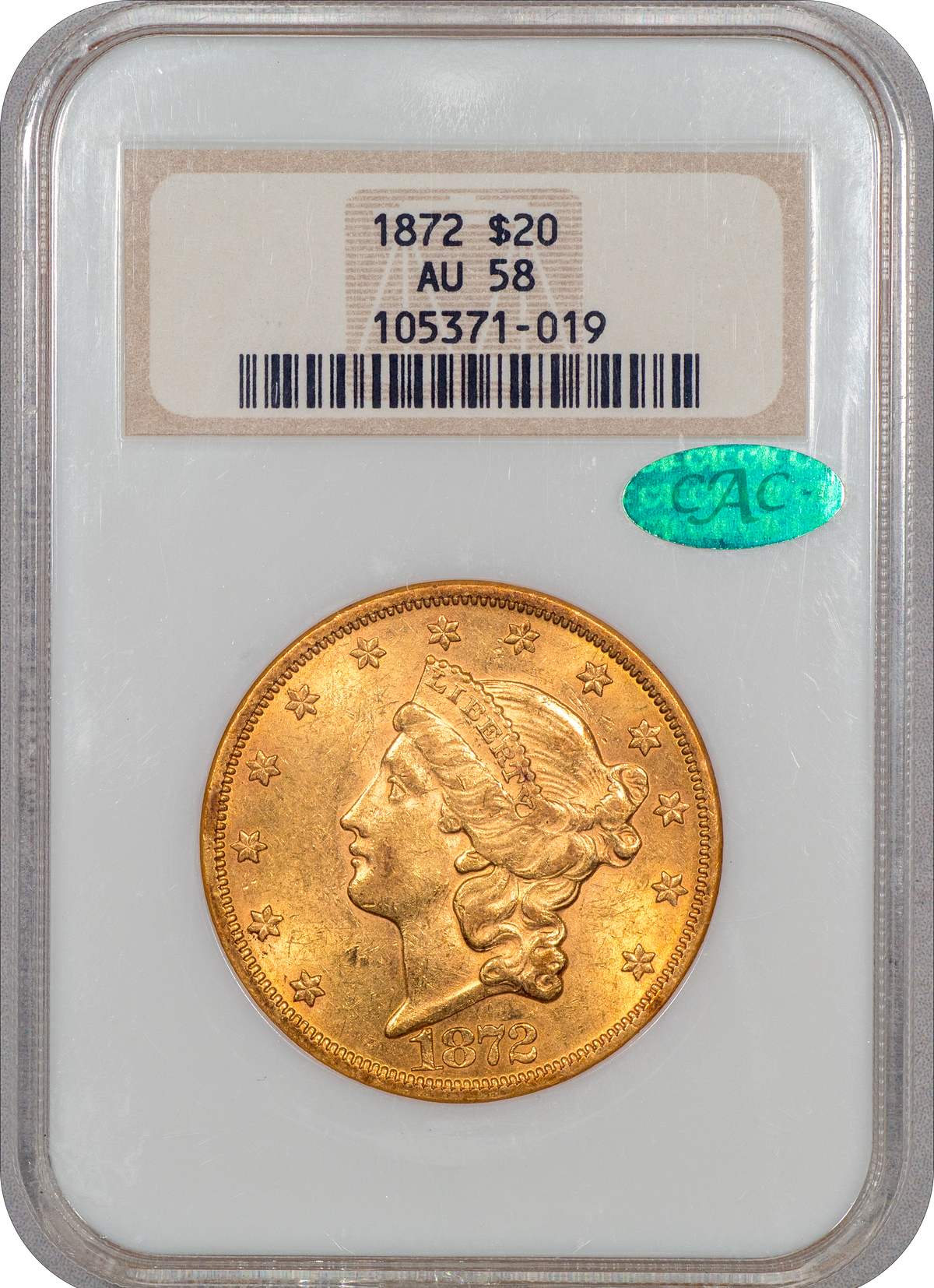 1872 Liberty Head Double Eagle $20 AU58 OH NGC CAC HOLDER WITH GREEN CAC
