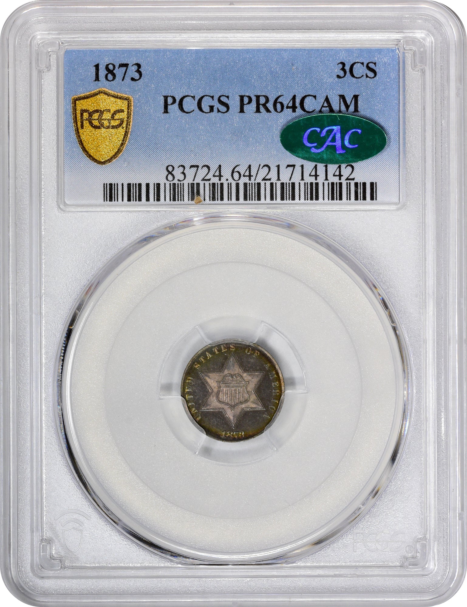 1873 3Cs Pr64 Cam Pcgs Cac