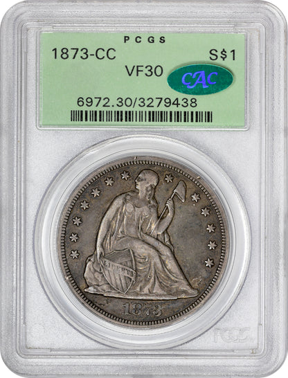 1873-CC $1 VF30 OGH PCGS CAC HOLDER WITH CAC STICKER