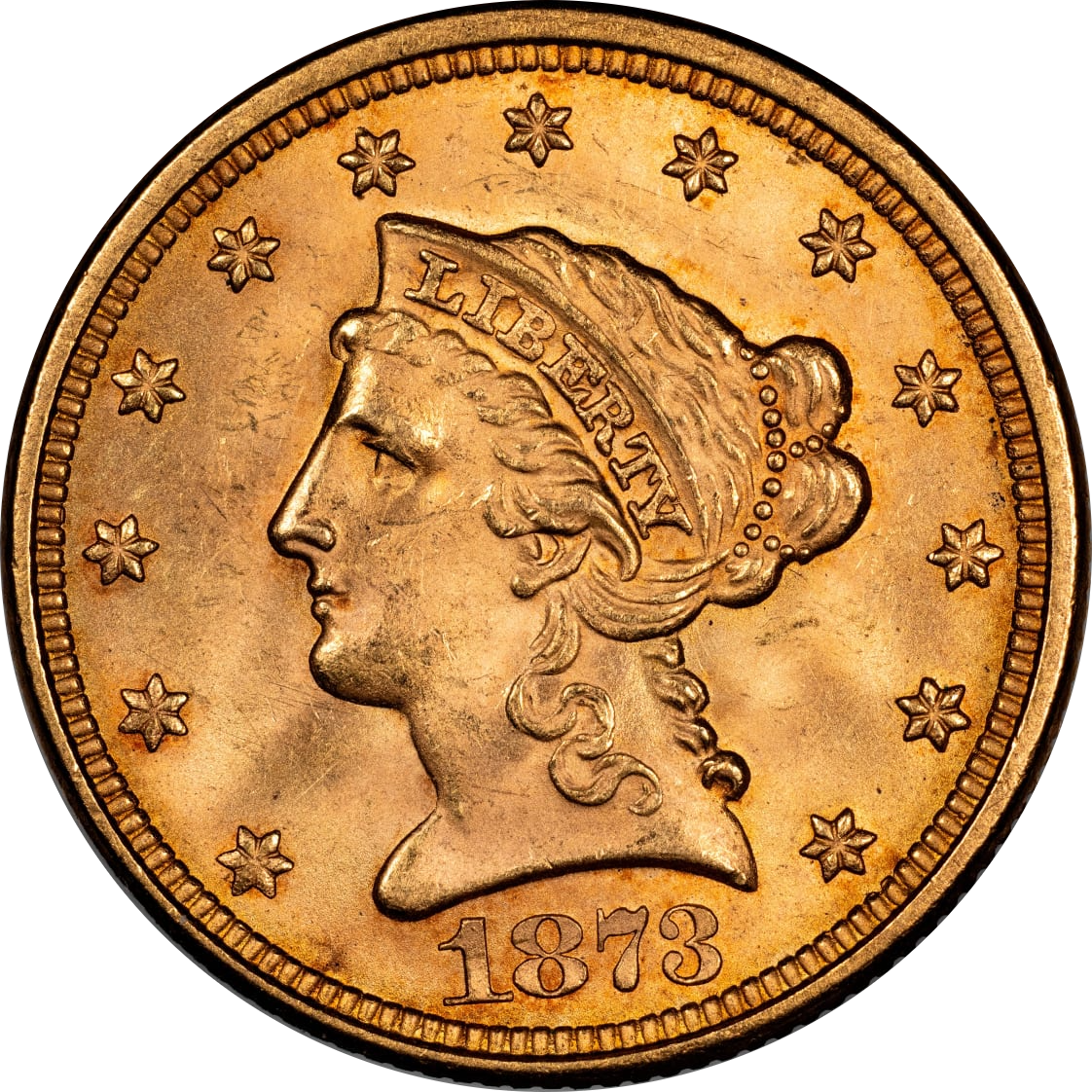 1873 Liberty Head Quarter Eagle $2.5 CLOSED 3 MS62+ CACG