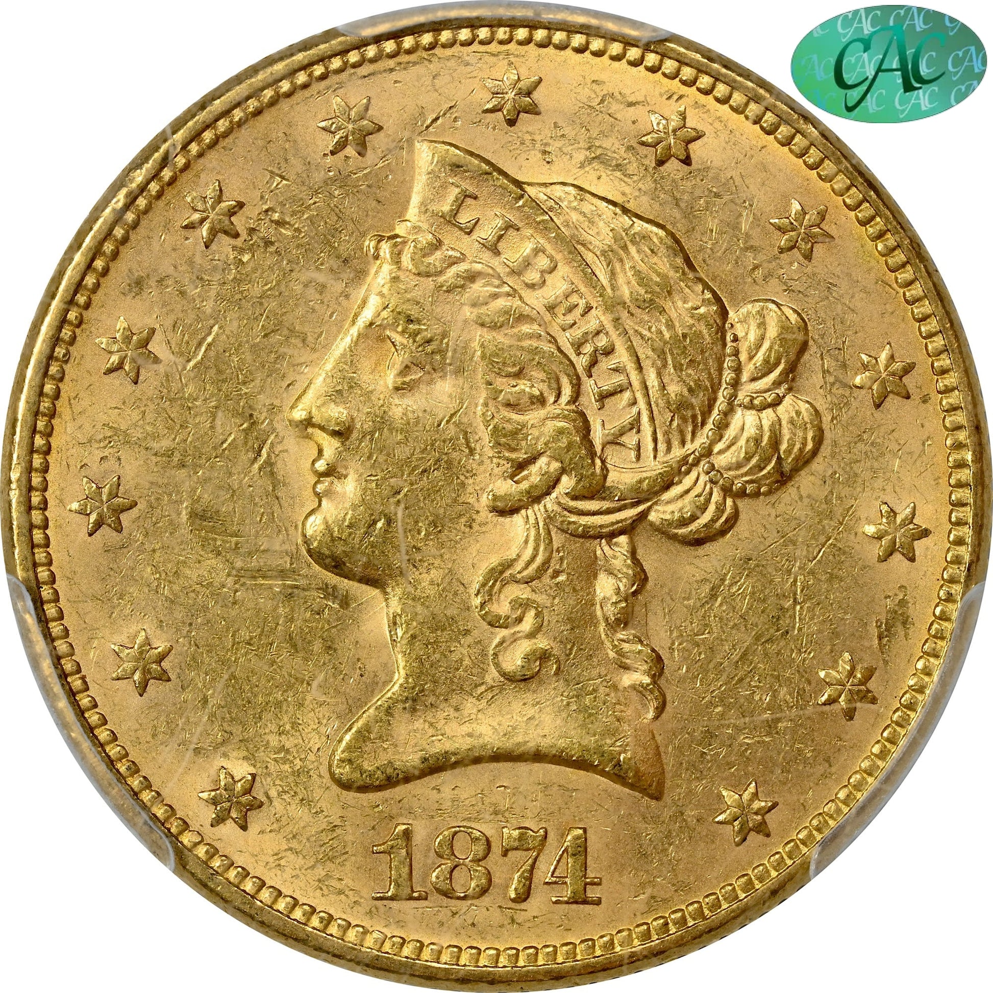 1874 $10 MS61 PCGS CAC
