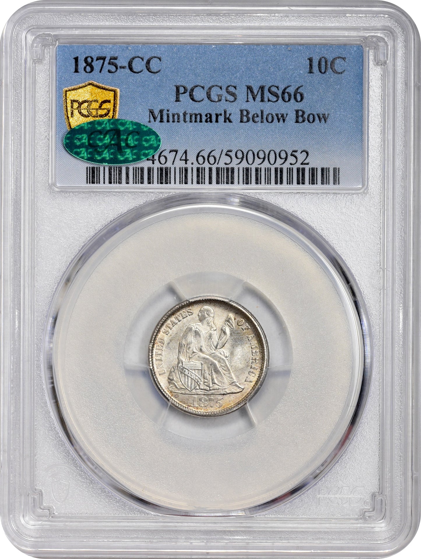 1875-CC 10C MM BELOW BOW MS66 PCGS CAC