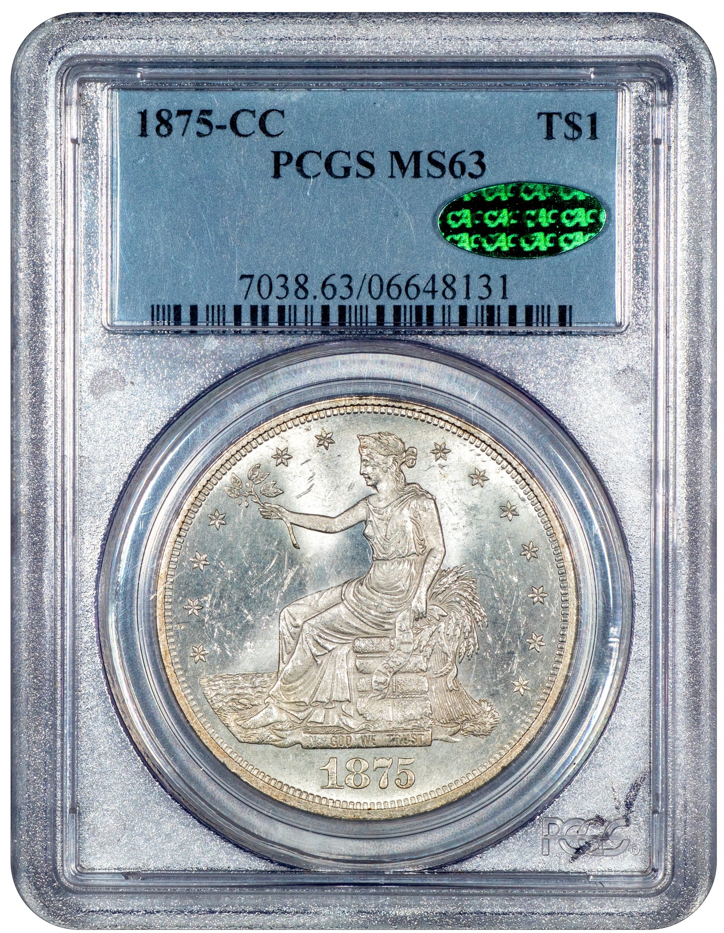 1875-CC T$1 CARSON CITY MINT TRADE DOLLAR MS63 PCGS CAC HOLDER WITH GREEN CAC STICKER