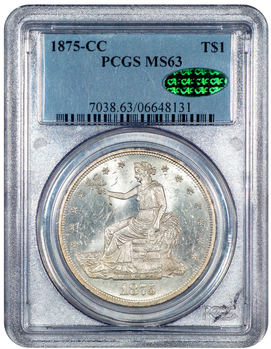 1875-CC T$1 CARSON CITY MINT TRADE DOLLAR MS63 PCGS CAC HOLDER WITH GREEN CAC STICKER