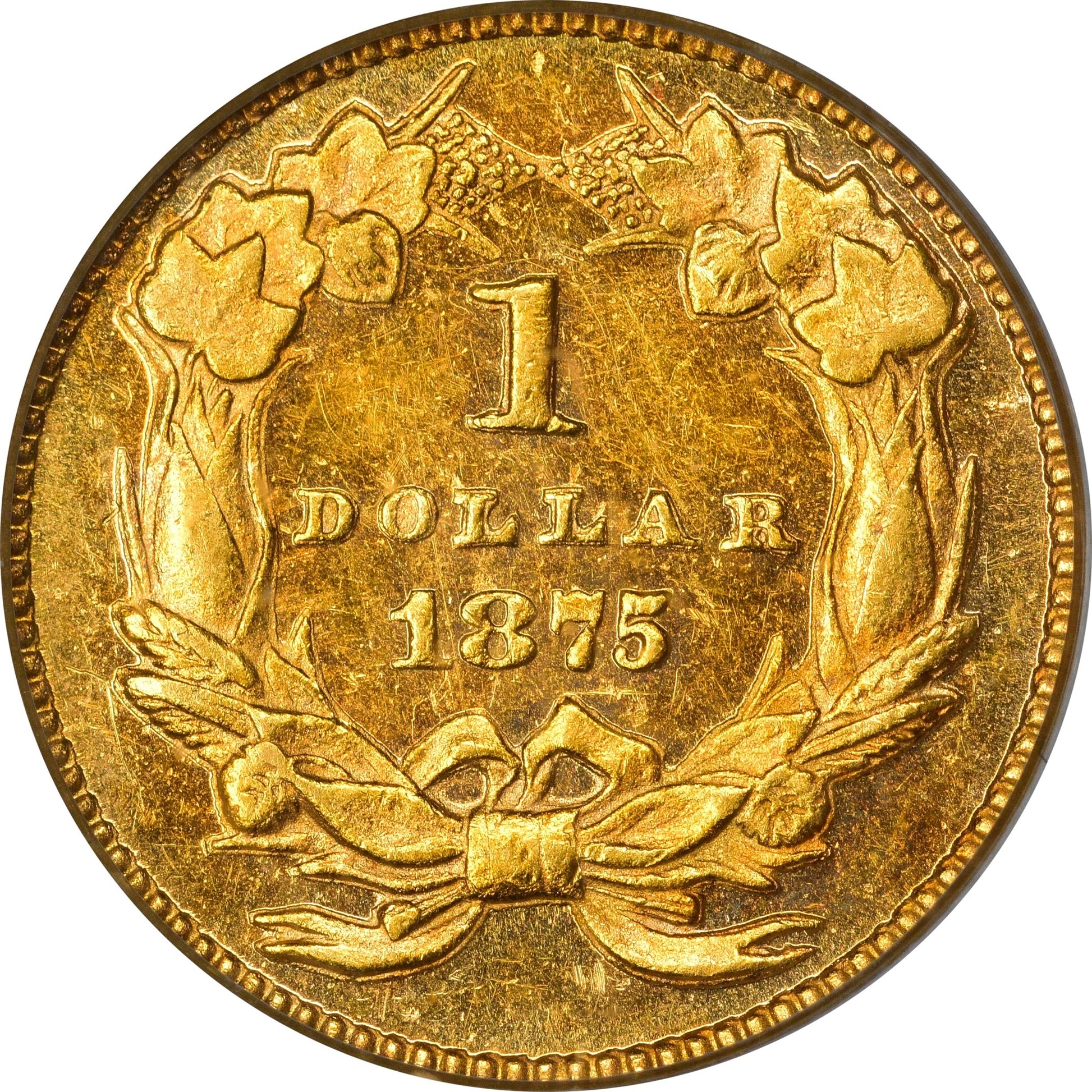 1875 G$1 MS60 OGH PCGS GOLD CAC REVERSE