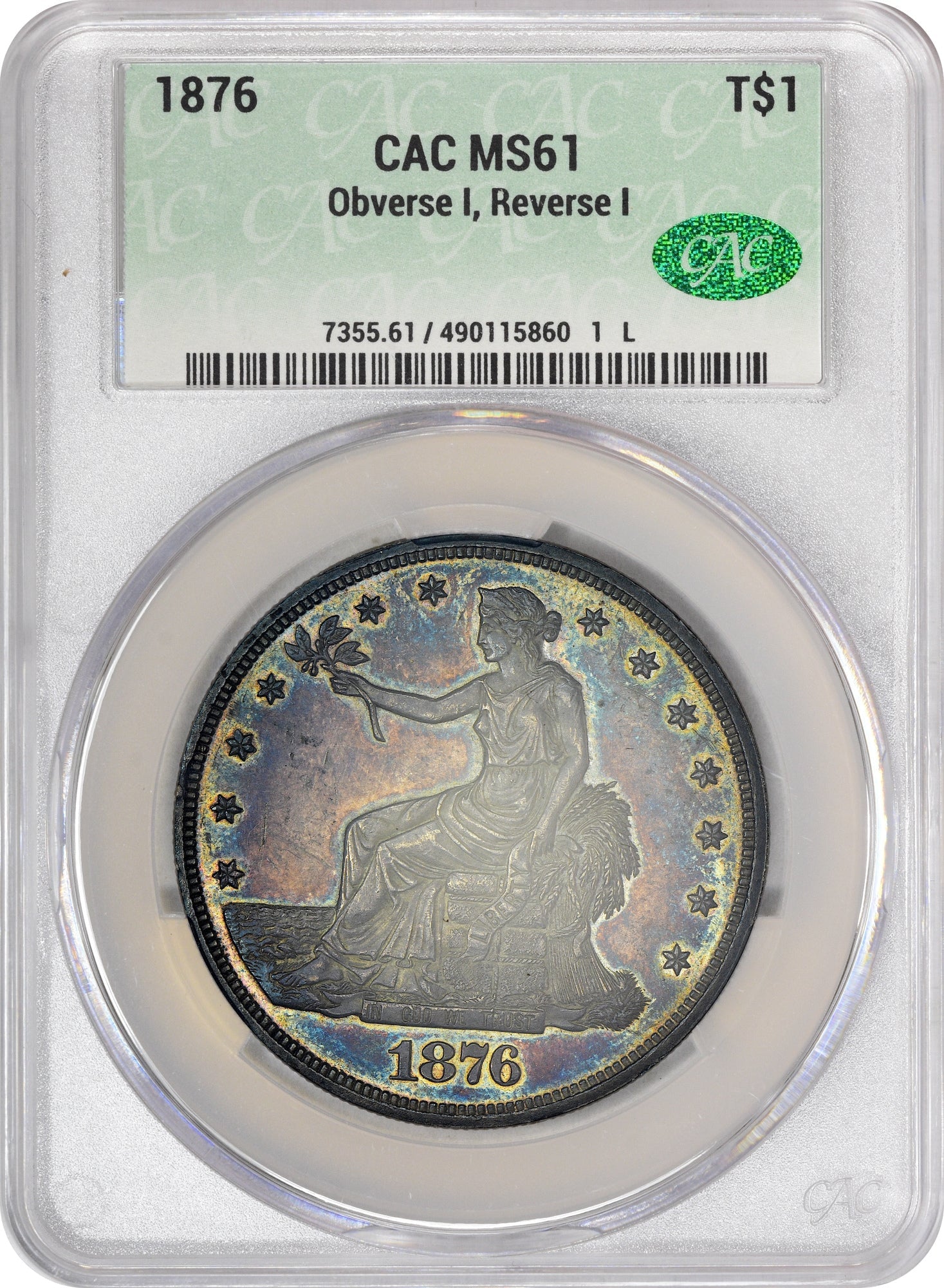 1876 T$1 MS61 CACG HOLDER 