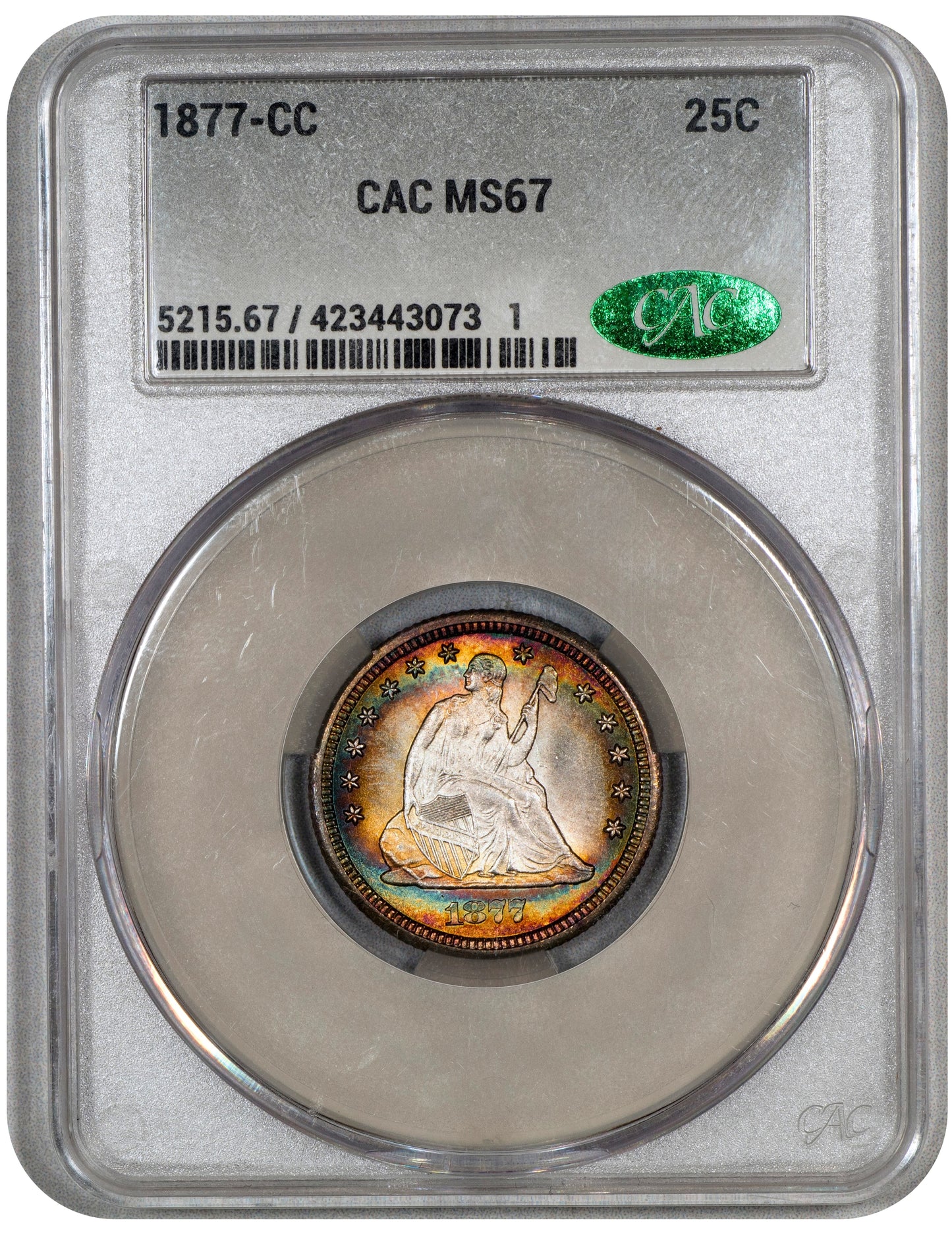 1877-CC 25C Carson City Liberty Seated Quarter MS67 CACG HOLDER WITH GREEN CAC STICKER